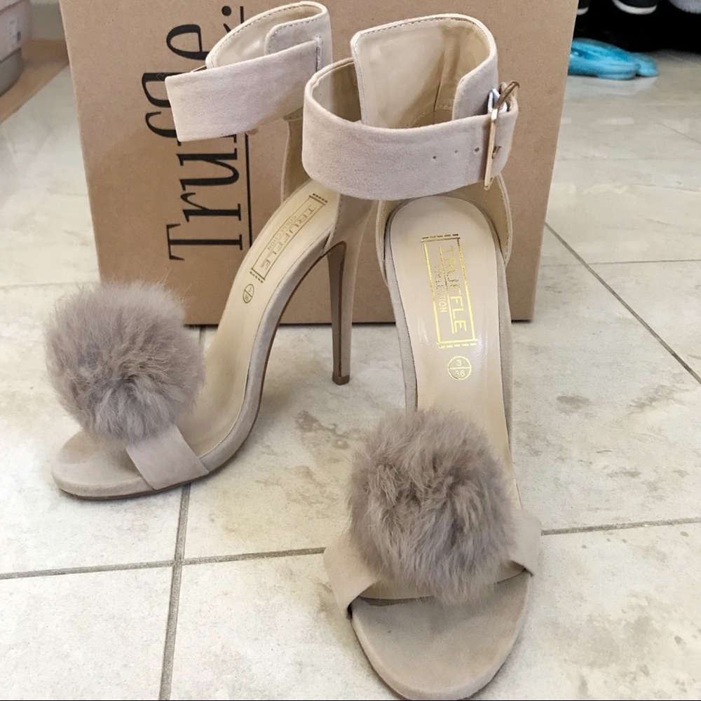 TRUFFLE nude suede ankle strap faux fur Pom heels